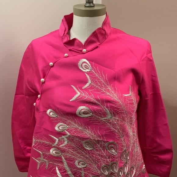 Oriental Mulberry Silk Pink Peacock Embroidered Jacket w Pearl Buttons size S - Picture 2 of 16